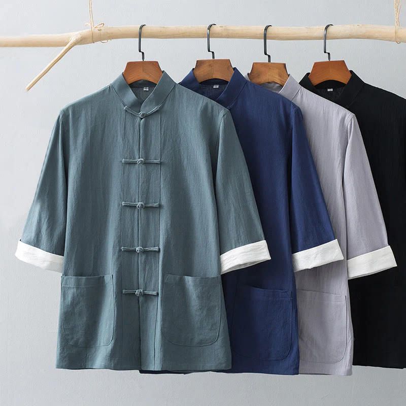 Camicia a maniche corte in cotone con bottoni a rana Buddha Stones, abito cinese Tang, abbigliamento da uomo con tasche