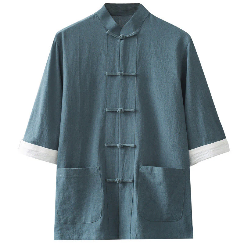 Camicia a maniche corte in cotone con bottoni a rana Buddha Stones, abito cinese Tang, abbigliamento da uomo con tasche - Image 10