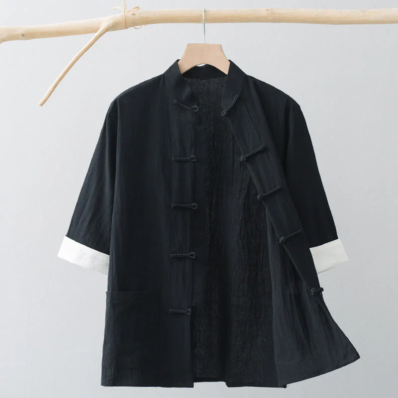Camicia a maniche corte in cotone con bottoni a rana Buddha Stones, abito cinese Tang, abbigliamento da uomo con tasche - Image 13