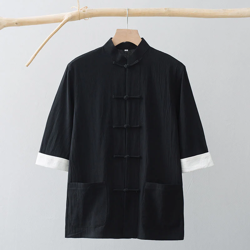 Camicia a maniche corte in cotone con bottoni a rana Buddha Stones, abito cinese Tang, abbigliamento da uomo con tasche - Image 14