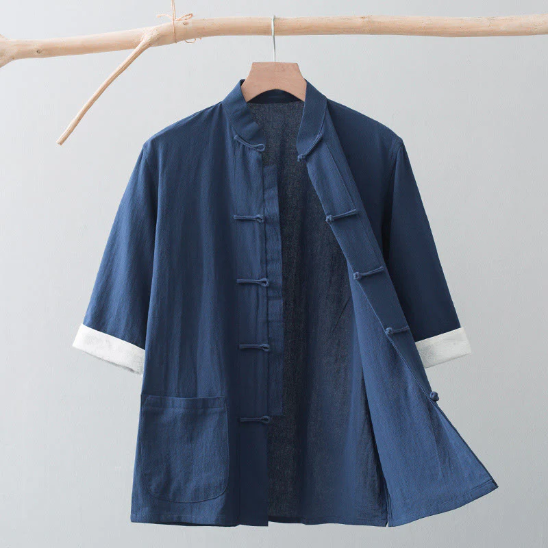 Camicia a maniche corte in cotone con bottoni a rana Buddha Stones, abito cinese Tang, abbigliamento da uomo con tasche - Image 16