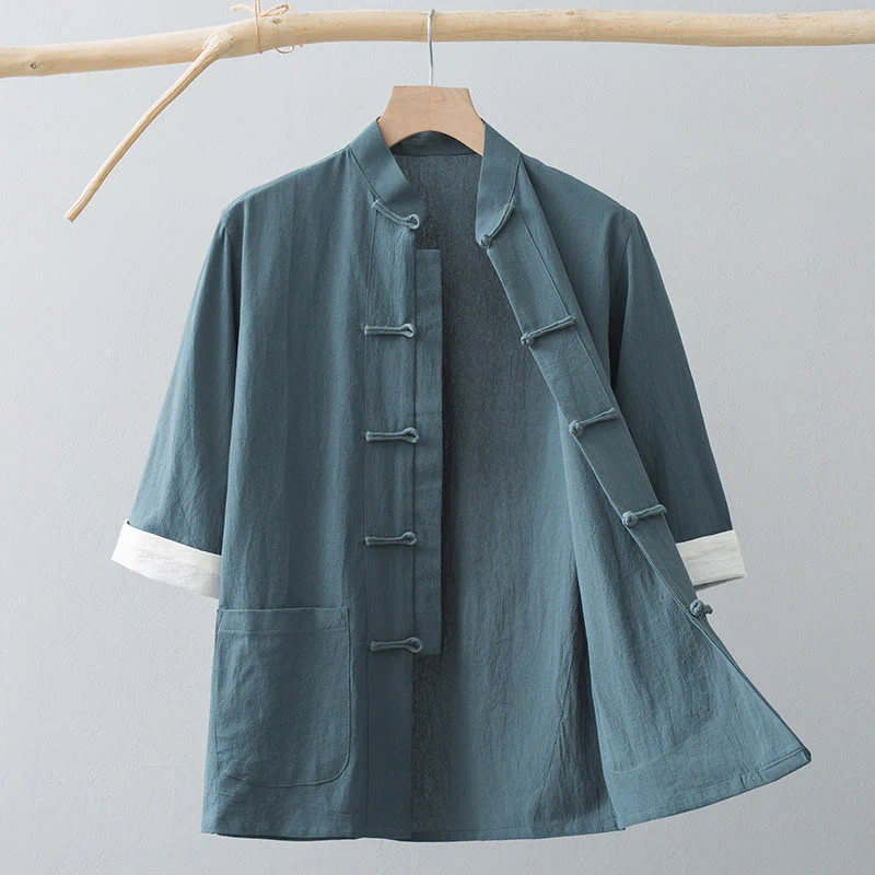 Camicia a maniche corte in cotone con bottoni a rana Buddha Stones, abito cinese Tang, abbigliamento da uomo con tasche - Image 2