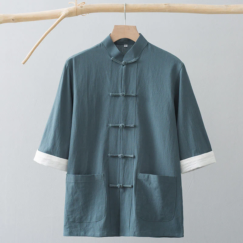 Camicia a maniche corte in cotone con bottoni a rana Buddha Stones, abito cinese Tang, abbigliamento da uomo con tasche - Image 3