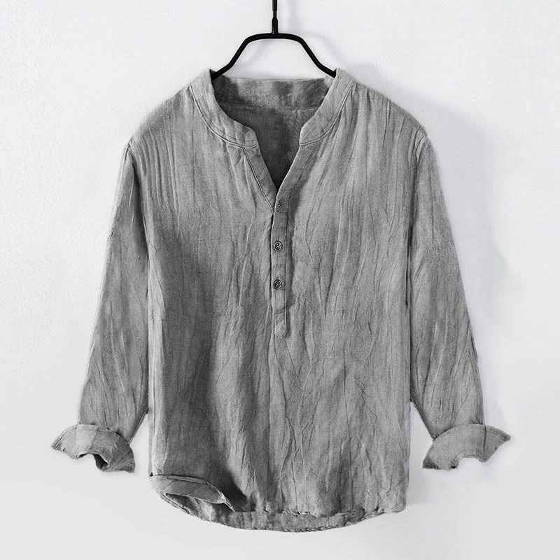 Camicia a maniche lunghe con bottoni a tinta unita in cotone e lino, abbigliamento da uomo Buddha Stones