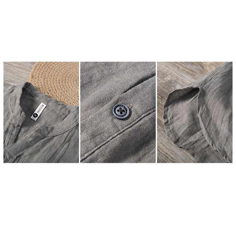 Camicia a maniche lunghe con bottoni a tinta unita in cotone e lino, abbigliamento da uomo Buddha Stones - Image 10
