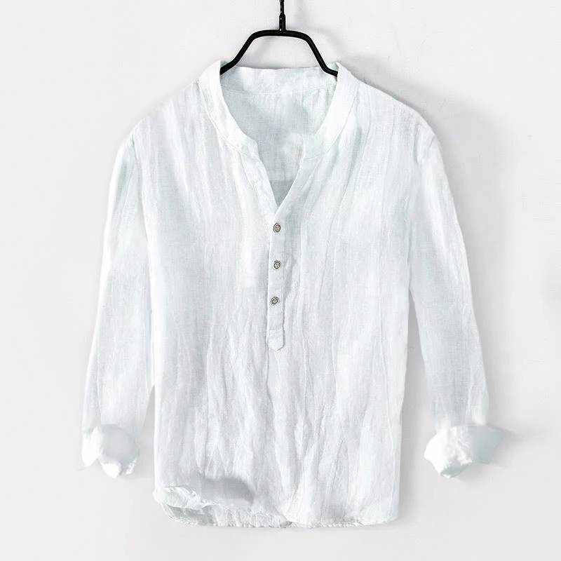 Camicia a maniche lunghe con bottoni a tinta unita in cotone e lino, abbigliamento da uomo Buddha Stones - Image 11