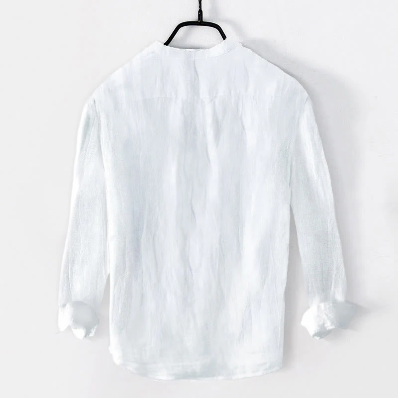 Camicia a maniche lunghe con bottoni a tinta unita in cotone e lino, abbigliamento da uomo Buddha Stones - Image 12