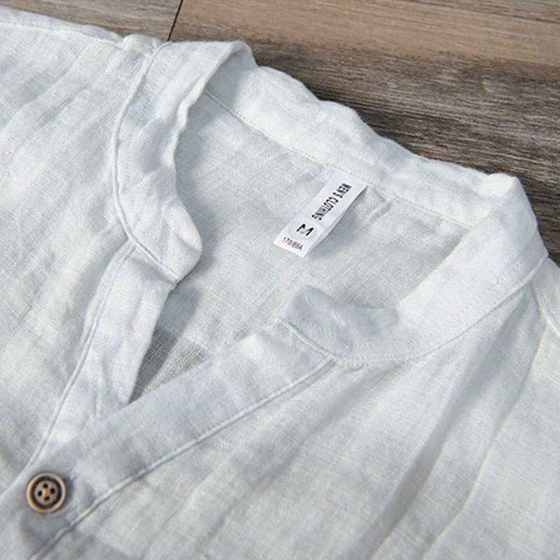 Camicia a maniche lunghe con bottoni a tinta unita in cotone e lino, abbigliamento da uomo Buddha Stones - Image 13