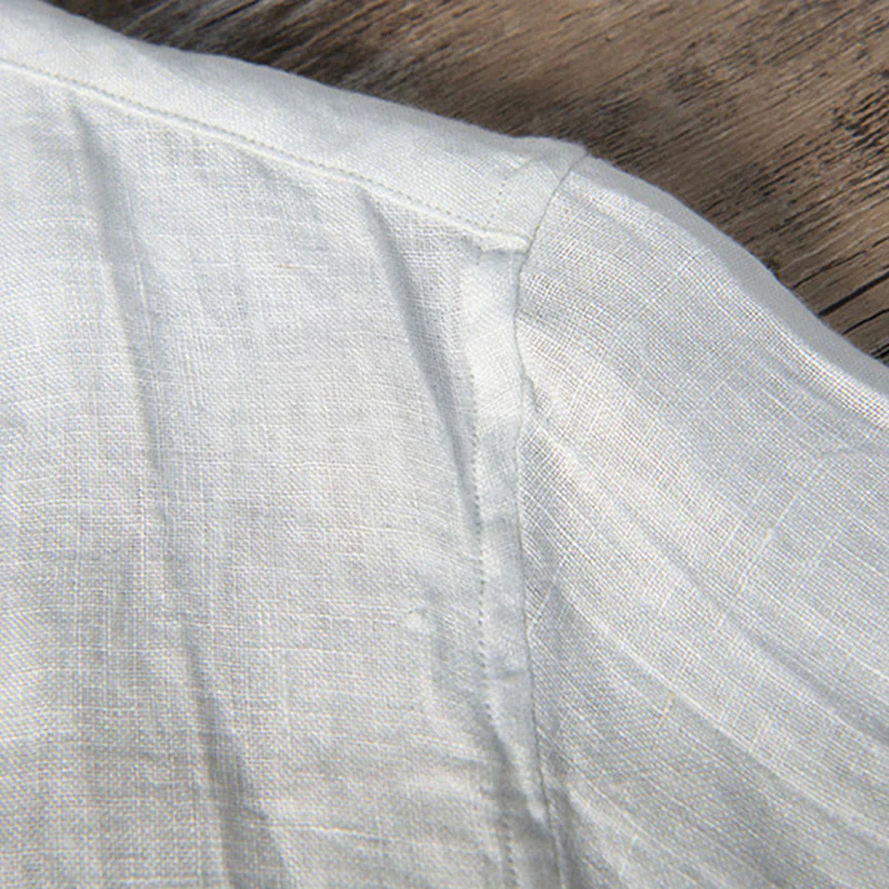 Camicia a maniche lunghe con bottoni a tinta unita in cotone e lino, abbigliamento da uomo Buddha Stones - Image 14