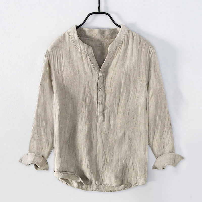 Camicia a maniche lunghe con bottoni a tinta unita in cotone e lino, abbigliamento da uomo Buddha Stones - Image 17