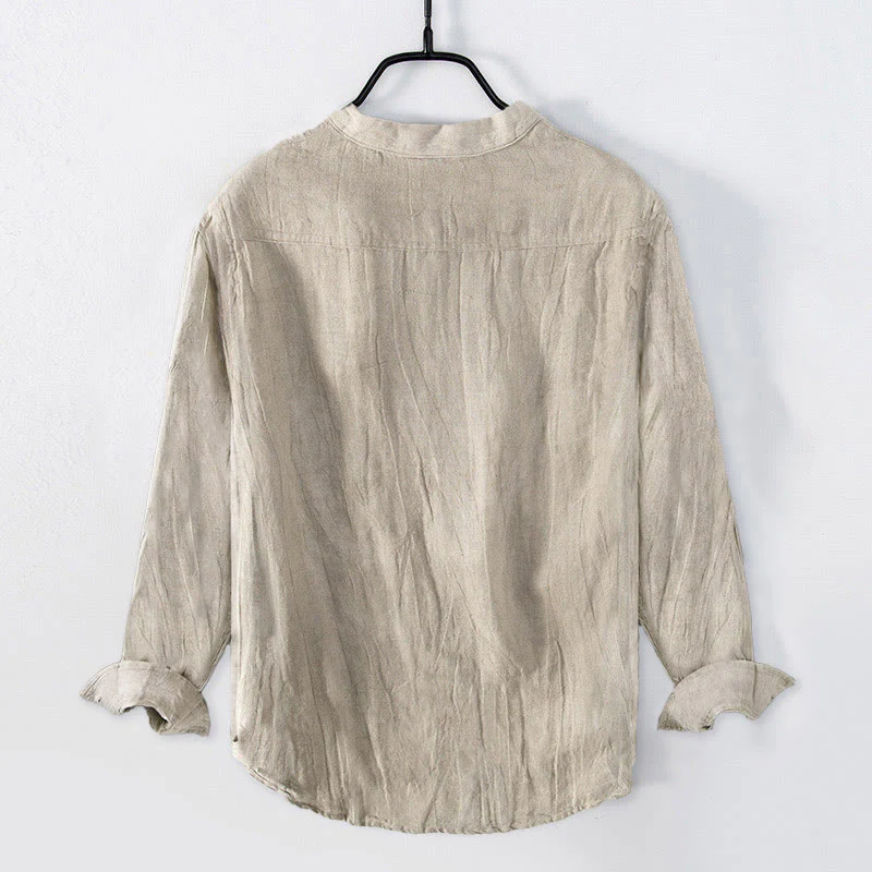 Camicia a maniche lunghe con bottoni a tinta unita in cotone e lino, abbigliamento da uomo Buddha Stones - Image 18