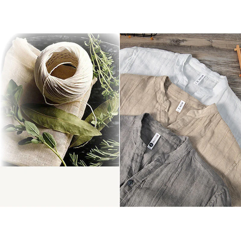 Camicia a maniche lunghe con bottoni a tinta unita in cotone e lino, abbigliamento da uomo Buddha Stones - Image 19