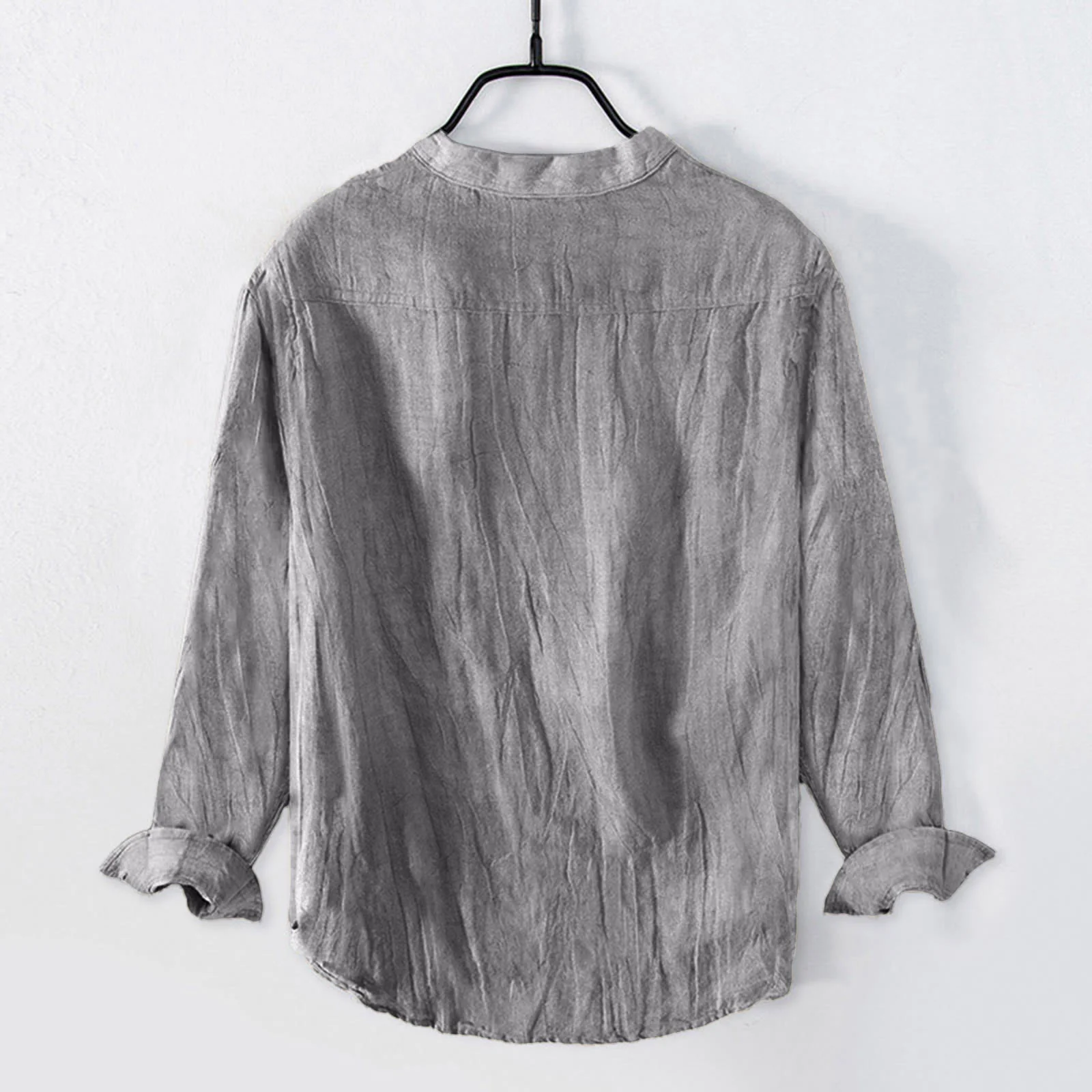 Camicia a maniche lunghe con bottoni a tinta unita in cotone e lino, abbigliamento da uomo Buddha Stones - Image 3