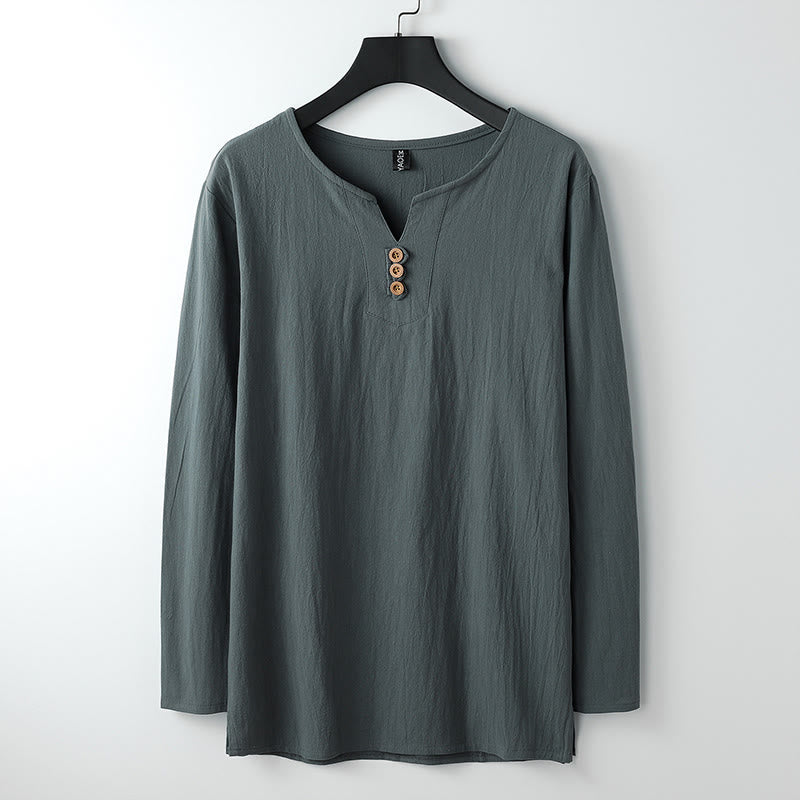 Camicia a maniche lunghe con bottoni in cotone e lino tinta unita Buddha Stones Uomo Abbigliamento - Image 3