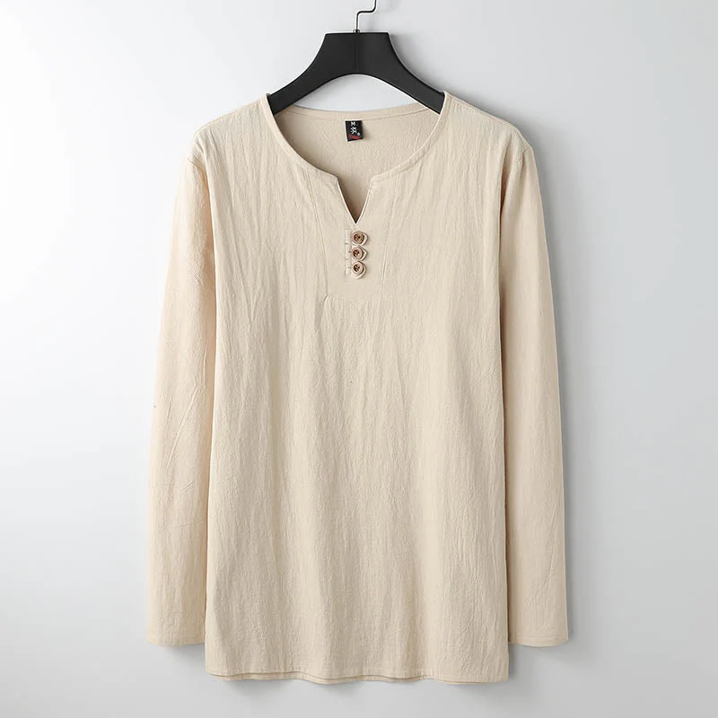 Camicia a maniche lunghe con bottoni in cotone e lino tinta unita Buddha Stones Uomo Abbigliamento - Image 5