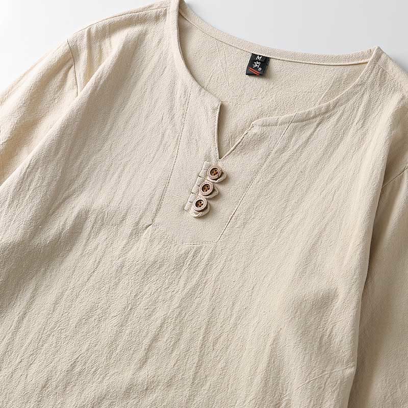 Camicia a maniche lunghe con bottoni in cotone e lino tinta unita Buddha Stones Uomo Abbigliamento - Image 7