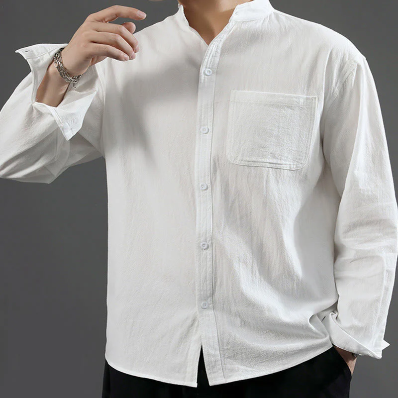 Camicia a maniche lunghe da uomo Buddha Stones con tasca, colletto alla coreana, comoda camicia in lino - Image 11