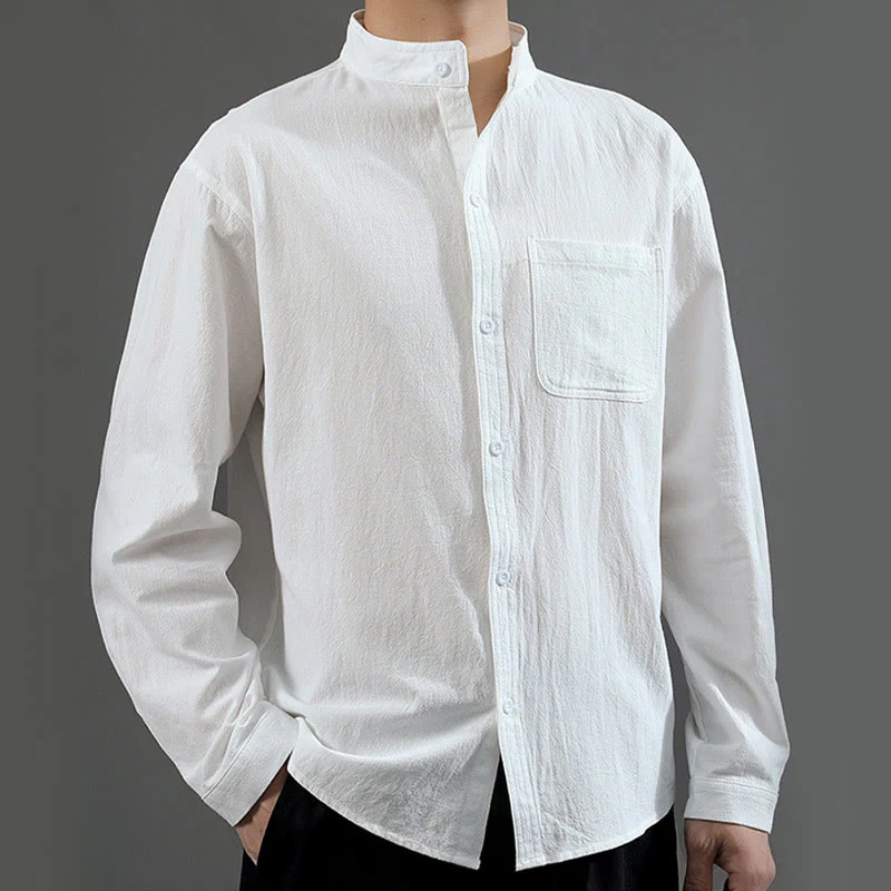 Camicia a maniche lunghe da uomo Buddha Stones con tasca, colletto alla coreana, comoda camicia in lino - Image 12