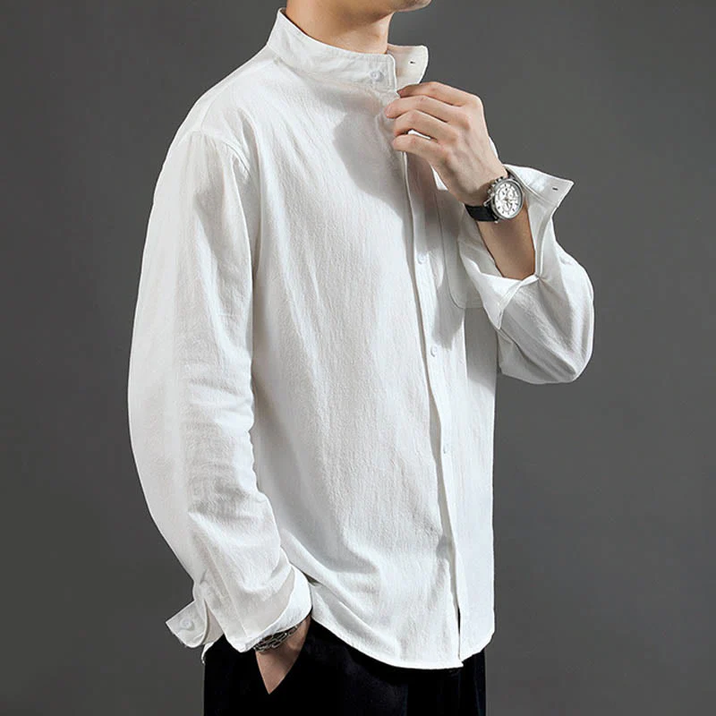 Camicia a maniche lunghe da uomo Buddha Stones con tasca, colletto alla coreana, comoda camicia in lino - Image 15