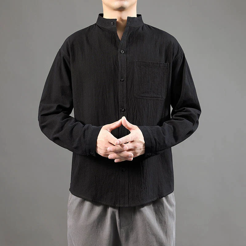Camicia a maniche lunghe da uomo Buddha Stones con tasca, colletto alla coreana, comoda camicia in lino - Image 17