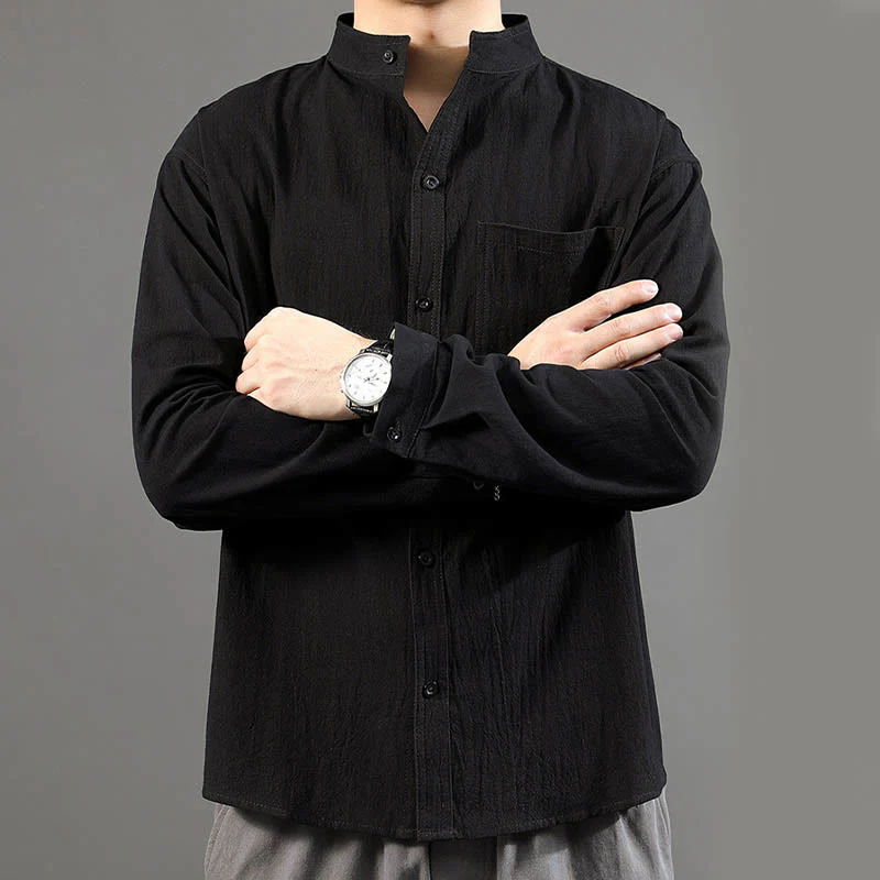 Camicia a maniche lunghe da uomo Buddha Stones con tasca, colletto alla coreana, comoda camicia in lino - Image 18