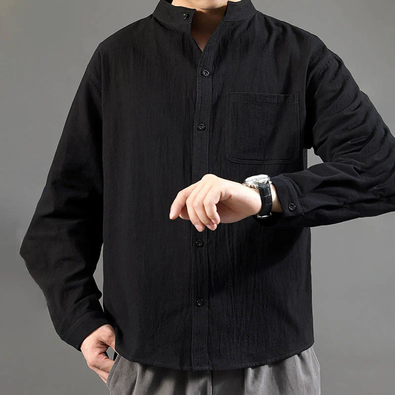 Camicia a maniche lunghe da uomo Buddha Stones con tasca, colletto alla coreana, comoda camicia in lino - Image 20