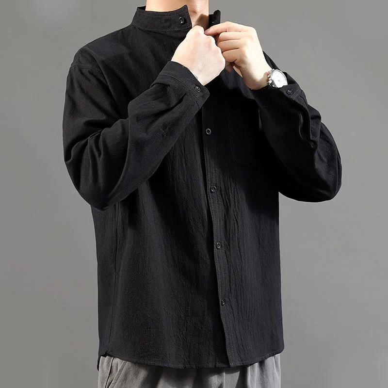 Camicia a maniche lunghe da uomo Buddha Stones con tasca, colletto alla coreana, comoda camicia in lino - Image 22