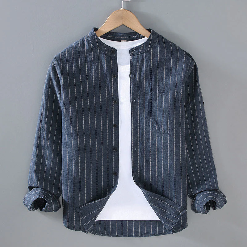 Camicia a maniche lunghe in cotone e lino con motivo a righe da uomo, modello Buddha Stones Daily Tang Suit