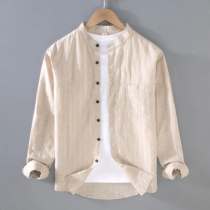 Camicia a maniche lunghe in cotone e lino con motivo a righe da uomo, modello Buddha Stones Daily Tang Suit - Image 3