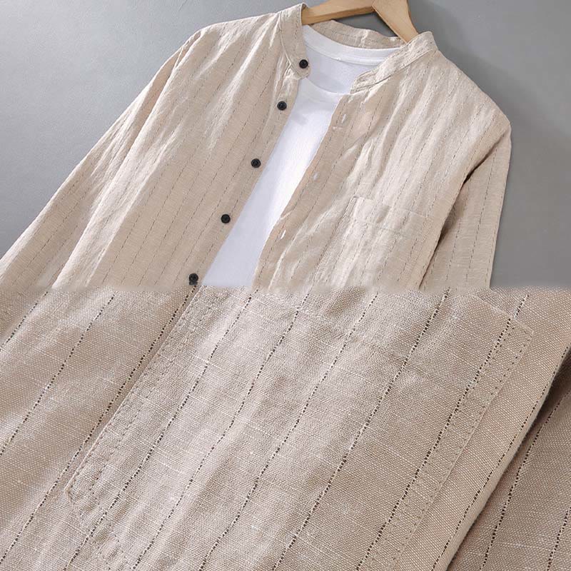 Camicia a maniche lunghe in cotone e lino con motivo a righe da uomo, modello Buddha Stones Daily Tang Suit - Image 7
