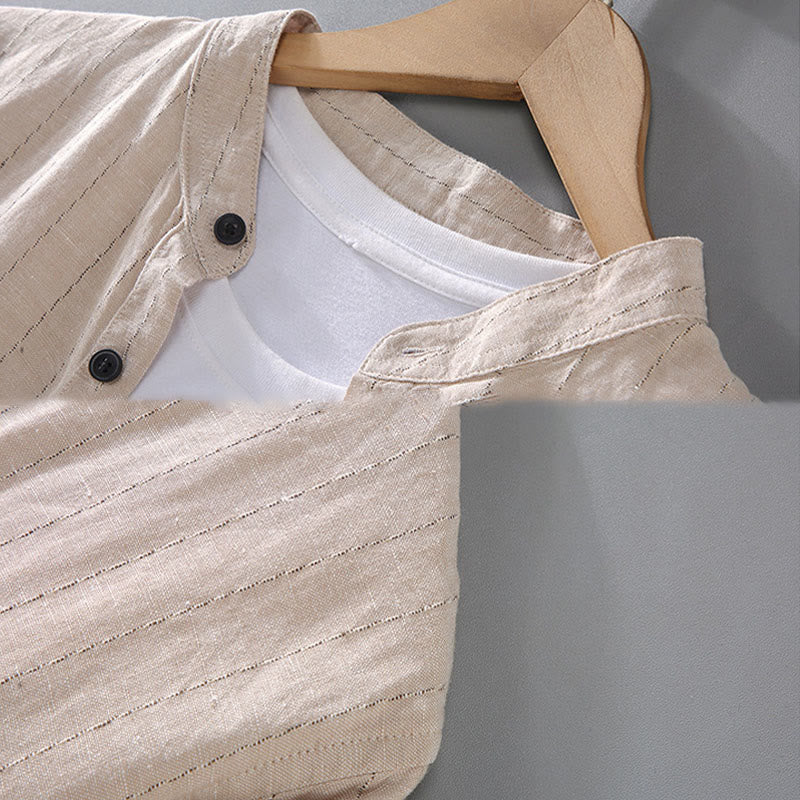 Camicia a maniche lunghe in cotone e lino con motivo a righe da uomo, modello Buddha Stones Daily Tang Suit - Image 8