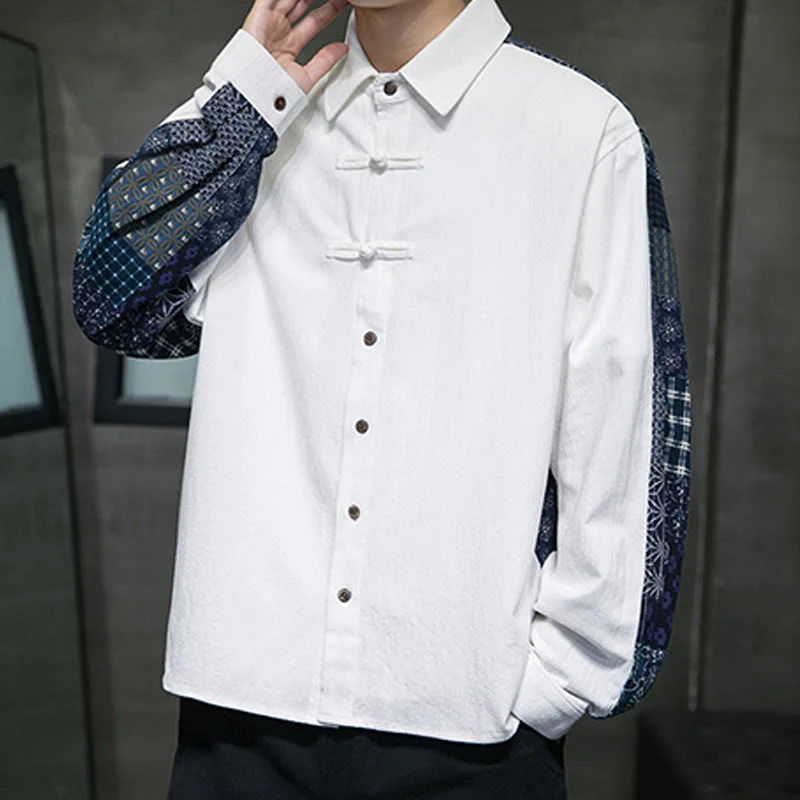 Camicia a maniche lunghe in misto cotone con cuciture a motivo floreale da uomo Buddha Stones - Image 16