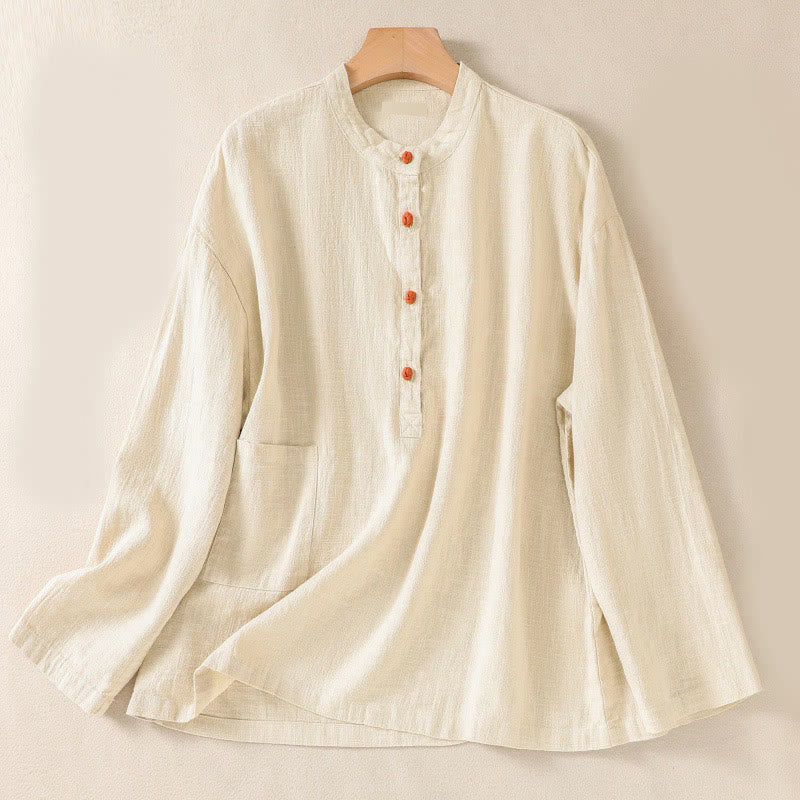 Camicia casual da donna in cotone con maniche lunghe, scollo rotondo, bottoni e tasche , Buddha Stones - Image 17