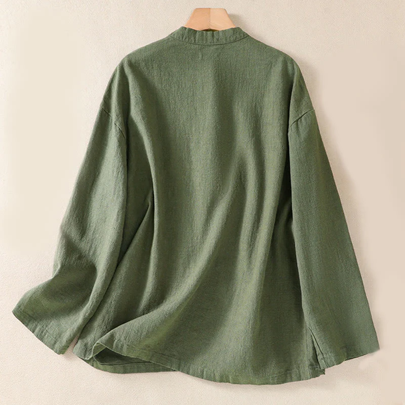 Camicia casual da donna in cotone con maniche lunghe, scollo rotondo, bottoni e tasche , Buddha Stones - Image 2
