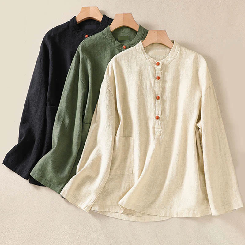 Camicia casual da donna in cotone con maniche lunghe, scollo rotondo, bottoni e tasche , Buddha Stones - Image 27