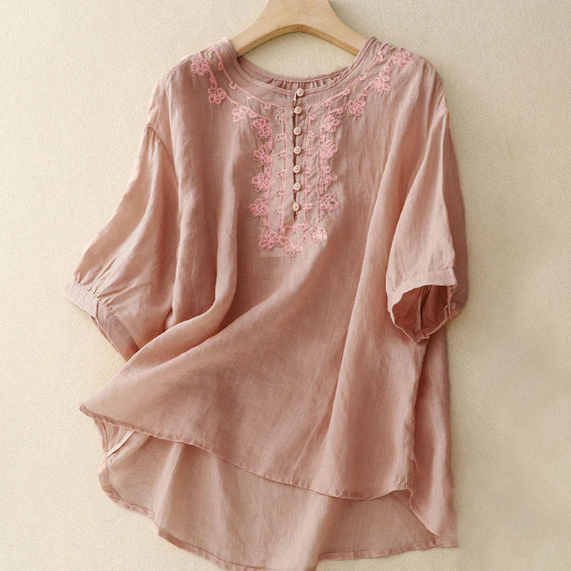 Camicia casual da donna con fibbia a rana e maniche corte, modello Buddha Stones