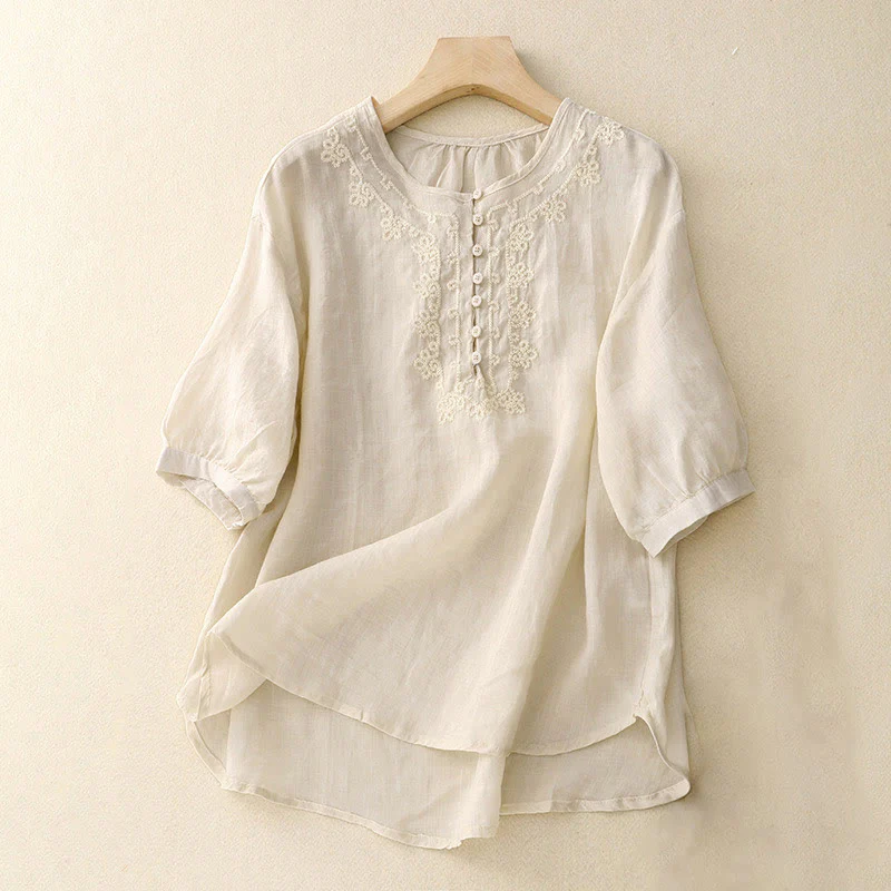 Camicia casual da donna con fibbia a rana e maniche corte, modello Buddha Stones - Image 8