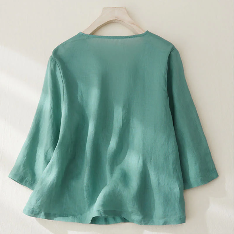Camicia casual da donna in cotone e lino con maniche a tre quarti e ricamo di piante, motivo Buddha Stones - Image 22