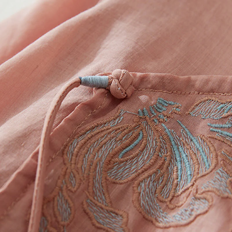 Camicia casual da donna in cotone e lino con maniche a tre quarti e ricamo di piante, motivo Buddha Stones - Image 5