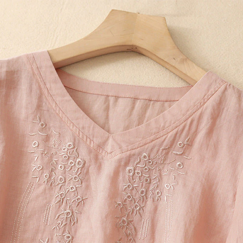 Camicia casual da donna in cotone e lino con scollo a V e fiori ricamati, manica corta, modello Buddha Stones - Image 2