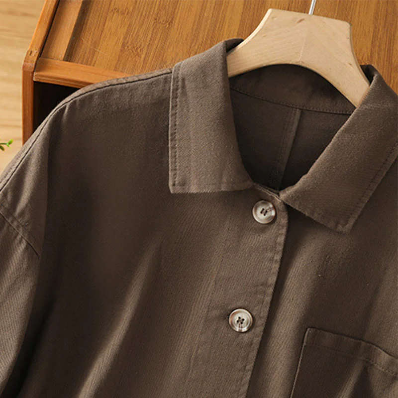 Camicia casual da donna in cotone e poliestere con maniche lunghe e collo alto, Buddha Stones, con tasche - Image 7