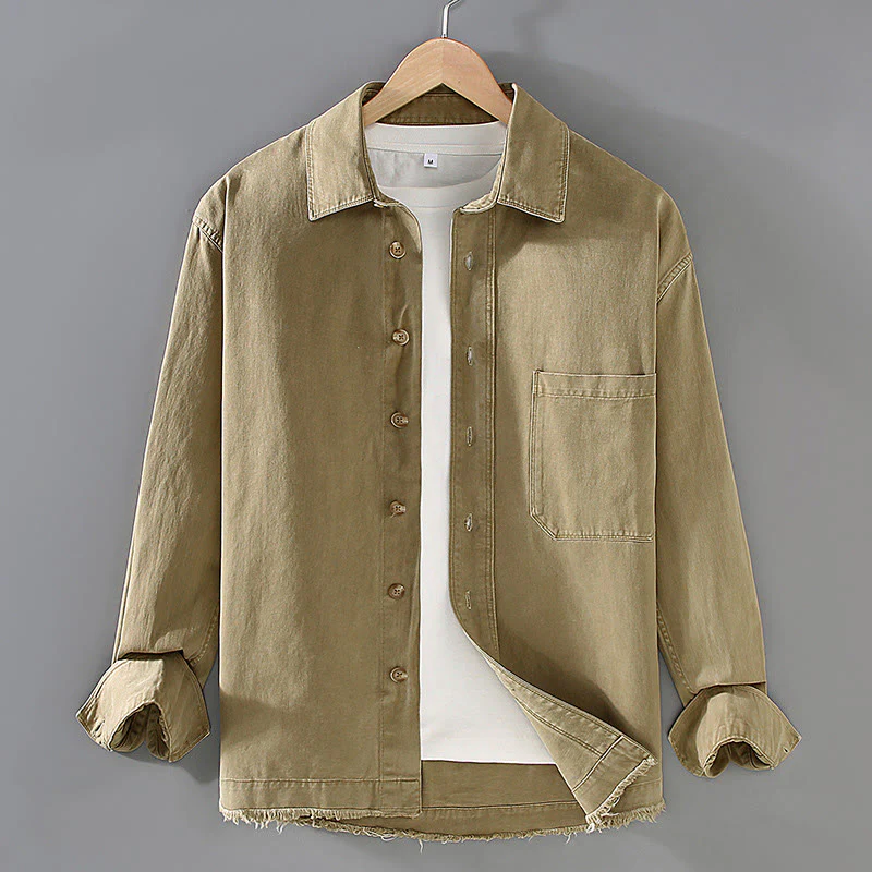 Camicia a maniche lunghe in cotone con nappe color puro e tasca da uomo Buddha Stones - Image 2
