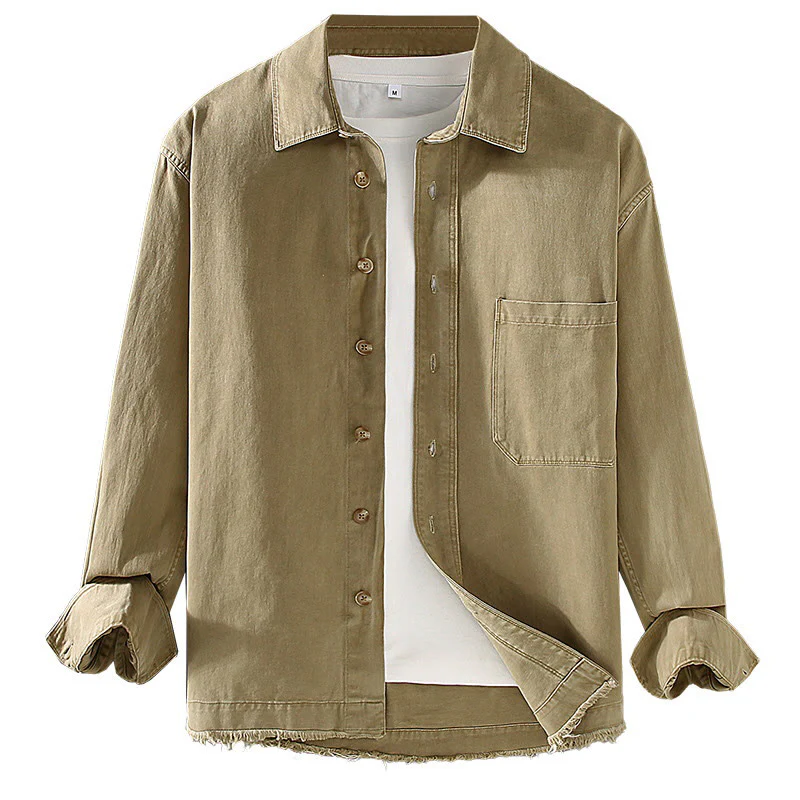 Camicia a maniche lunghe in cotone con nappe color puro e tasca da uomo Buddha Stones - Image 8