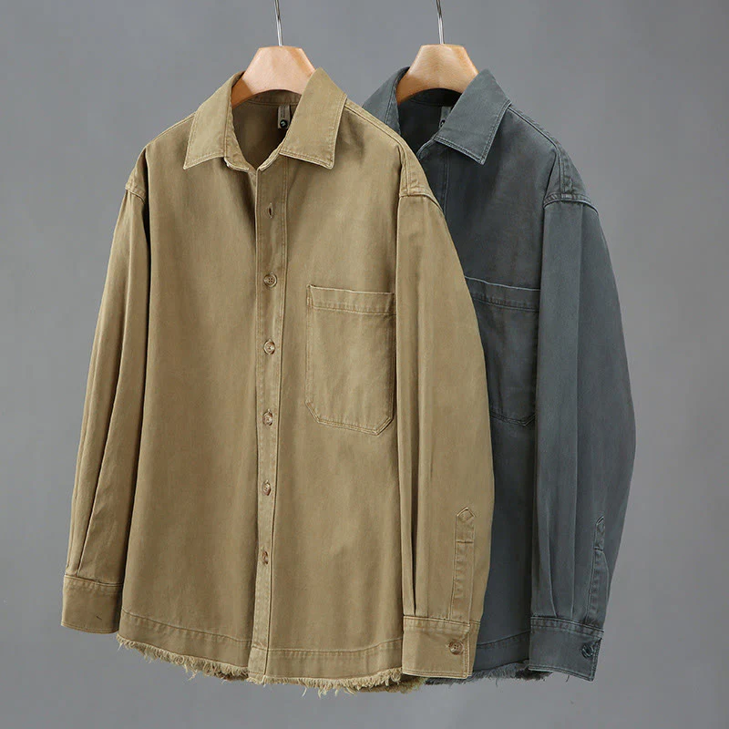Camicia a maniche lunghe in cotone con nappe color puro e tasca da uomo Buddha Stones - Image 9