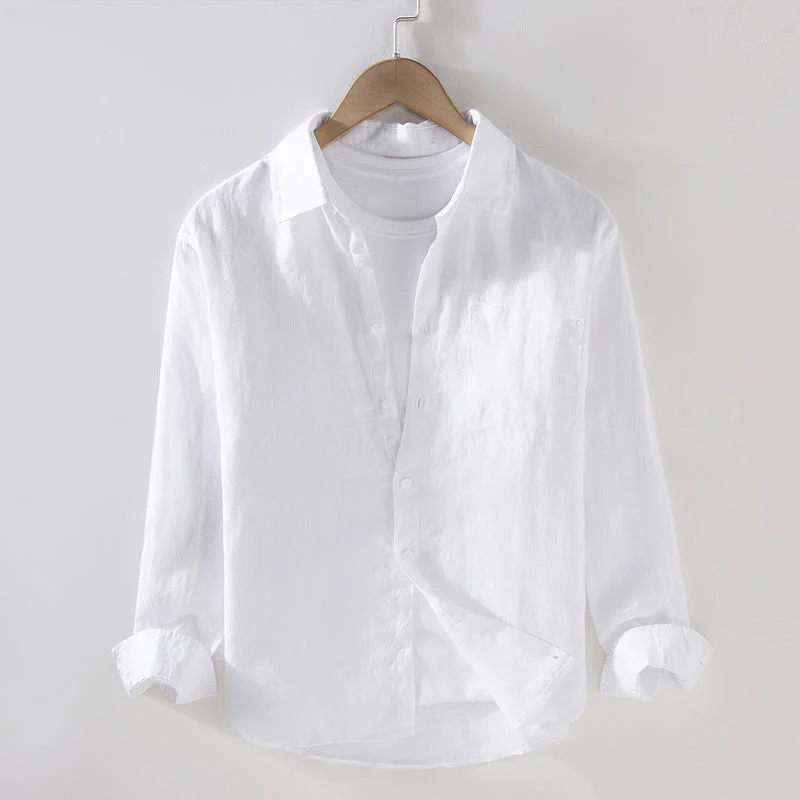 Camicia casual da uomo in lino puro a maniche lunghe con tasca Buddha Stones Spring - Image 8