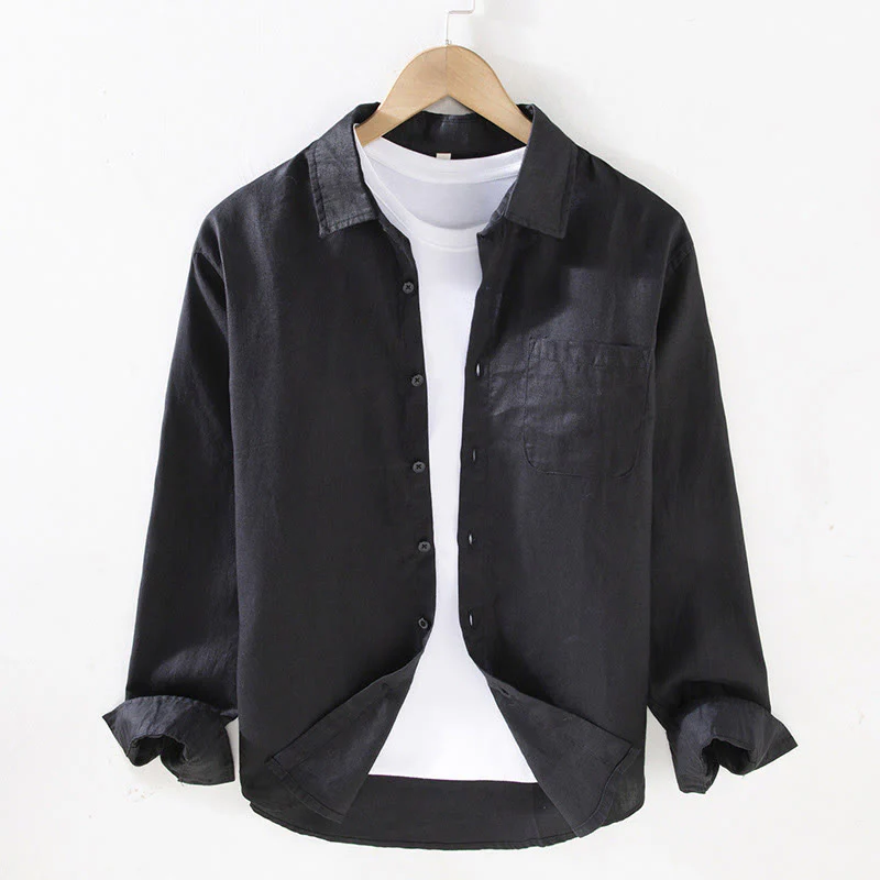 Camicia casual da uomo in lino puro a maniche lunghe con tasca Buddha Stones Spring - Image 9