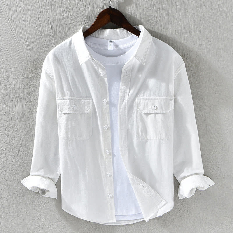 Camicia casual in cotone di colore puro con colletto rovesciato a maniche lunghe da uomo Buddha Stones con tasca - Image 12