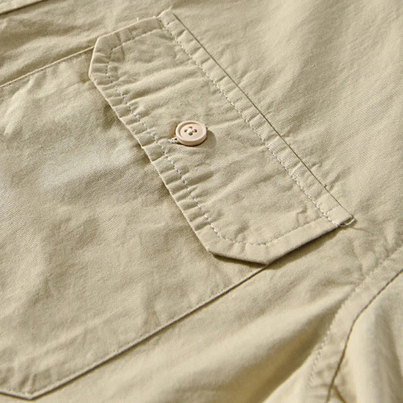 Camicia casual in cotone di colore puro con colletto rovesciato a maniche lunghe da uomo Buddha Stones con tasca - Image 5