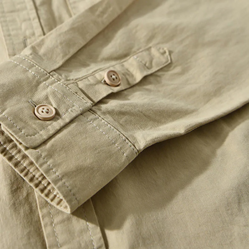 Camicia casual in cotone di colore puro con colletto rovesciato a maniche lunghe da uomo Buddha Stones con tasca - Image 7
