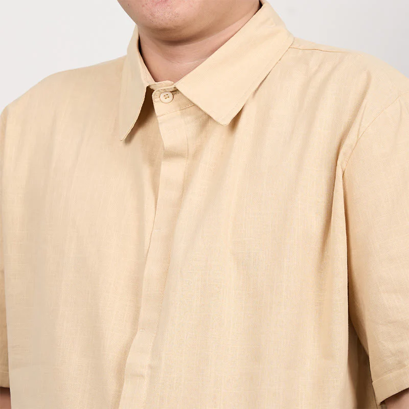 Camicia casual in cotone e lino con bottoni a maniche corte da uomo Buddha Stones - Image 9